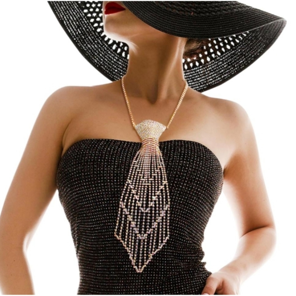 Goldtone Bling Bling Rhinestone Tie Necklace